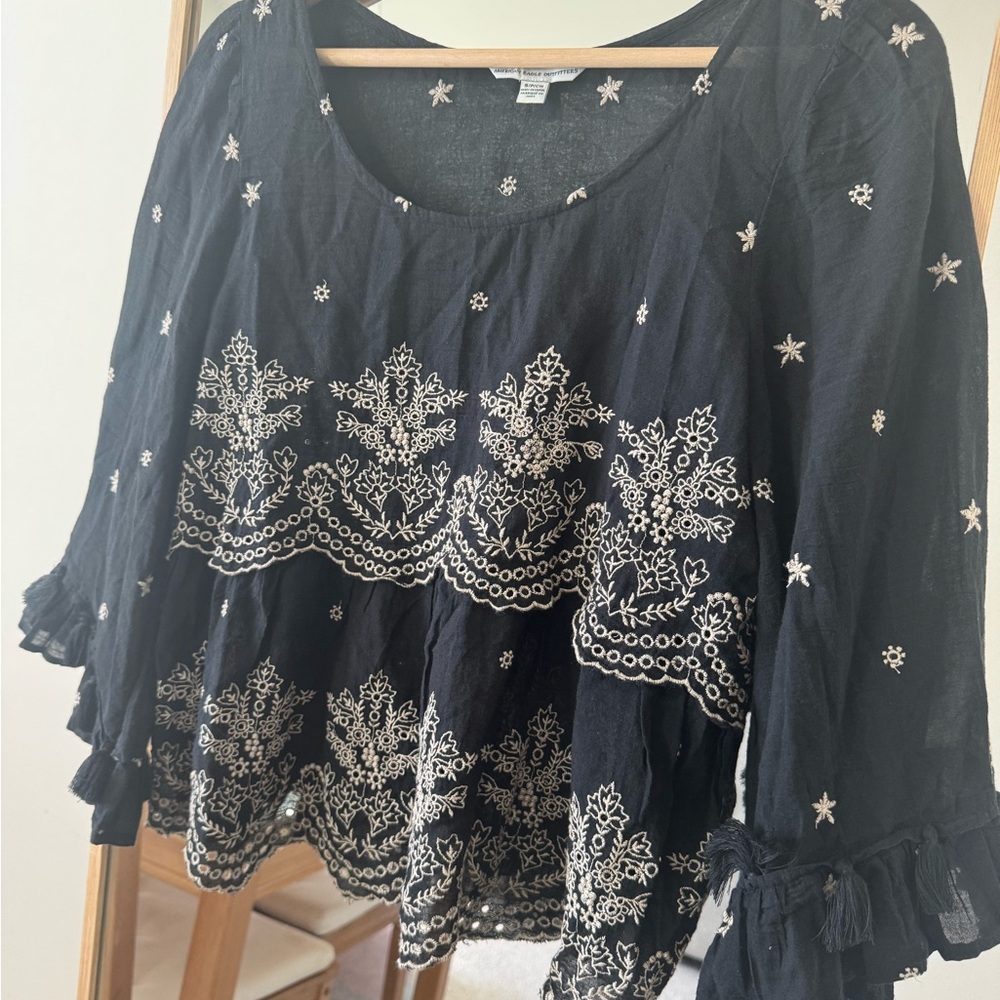 American Eagle Blouse with White Embroidery